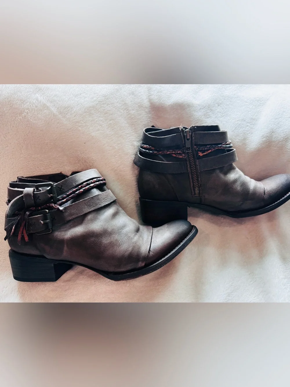 FREEBIRD by Steven Distressed Leather Ankle Booties Braided Buckle Boots